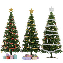 Three decorated christmas trees with presents