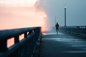Man jogging on urban bridge in early morning fog