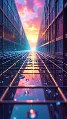 Futuristic city alley at sunset