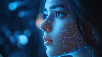 A Woman's Face Illuminated by a Futuristic Data Network