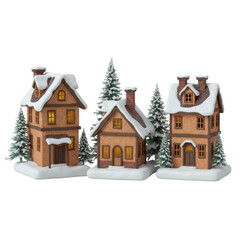 Three decorative snow covered wooden houses with christmas trees in a winter scene