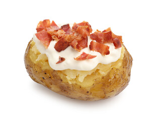 Tasty baked potato with sour cream and bacon isolated on white