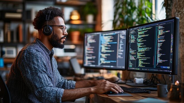 Focused Male Software Developer Coding on Dual Monitors - Powered by Adobe