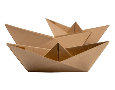 Two overlapping paper boats, light beige color, origami style, simple folds,  isolated on black