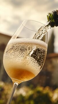 vertical video of champagne pouring into elegant glass outdoors with sparkling golden bubbles rising glass filling almost to the brim festive vineyard terrace with stone architecture concept of celebr