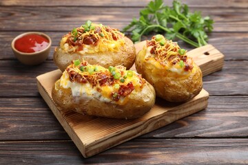Tasty stuffed baked potatoes served on wooden table, closeup