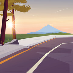 Illustration of road and sidewalk with scenery, mountains, sun, trees and sky