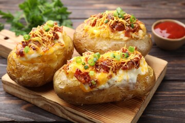 Tasty stuffed baked potatoes served on wooden table, closeup