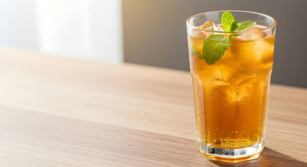 Refreshing iced tea with mint and ice cubes served in a tall glass on a wooden table