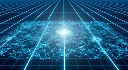 Abstract digital network with glowing lines and interconnected data points, representing advanced technology and artificial intelligence concepts.