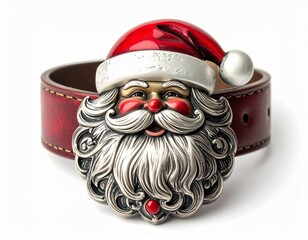 Santa Claus Belt Buckle on a Red Leather Belt with White Background