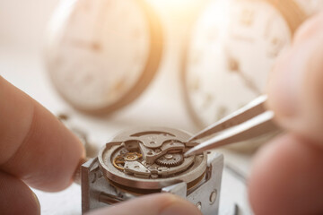 Watchmaker workshop. Mechanical watch repair process