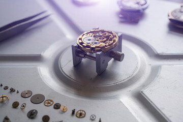 Watchmaker workshop. Mechanical watch repair process