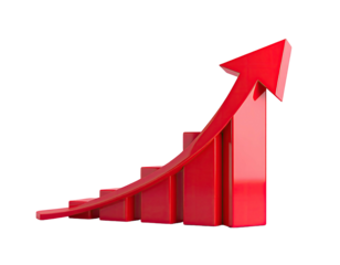 Red 3D graphic of a rising bar graph