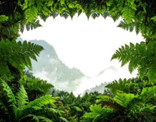 Lush jungle framing a black silhouette of a geographical area, possibly a bay or cove, through a misty landscape