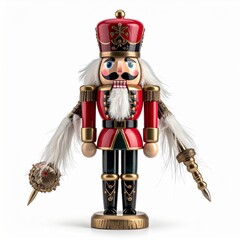 Classic Wooden Nutcracker Figurine in Red and Gold Detailed Attire on White Background for Holiday Decoration