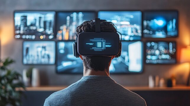 Man in virtual reality headset exploring a digital world - Powered by Adobe