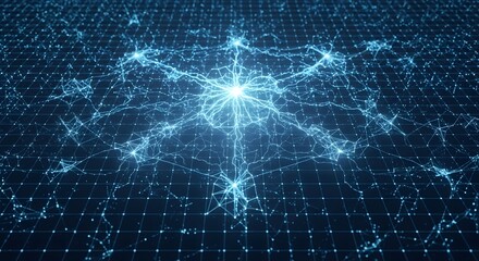 Futuristic visualization of an artificial intelligence neural network with glowing synaptic connections on a digital grid.