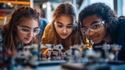 Diverse Young Girls Working on a Robotics Project in Class
