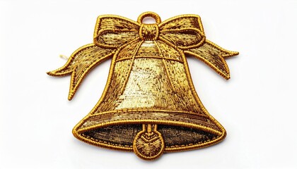 Golden Glittering Christmas Bell Ornament with Bow on White Background