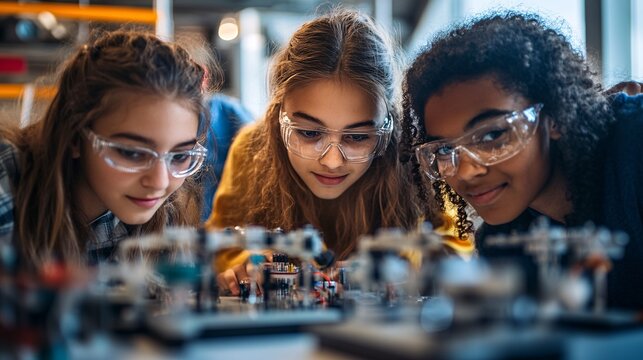 Diverse Young Girls Working on a Robotics Project in Class - Powered by Adobe