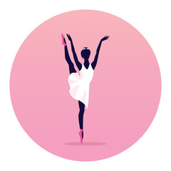 Ballerina in a tutu dances ballet against a pink background