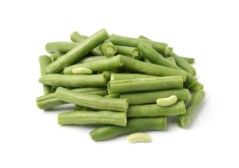 Pieces of fresh green beans isolated on white