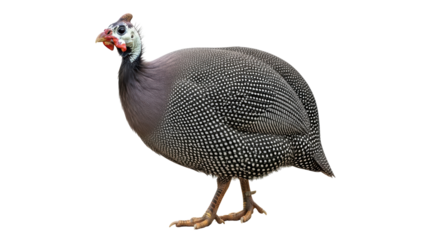 Isolated Helmeted Guineafowl with a large body covered in white spots on a dark grey plumage