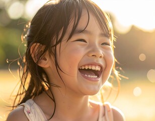 夕方の光の中で笑う女の子の横顔（濡れ髪・夏）