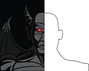 vector illustration design in black on the left and white on the right and in the black part there appears to be half a figure of a scary creature similar to a devil with glowing red eyes