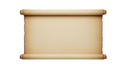 Isolated antique beige scroll parchment for writing message or drawing on, roll with rough edge