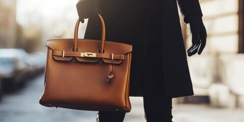 Woman carrying luxury hermès birkin leather handbag