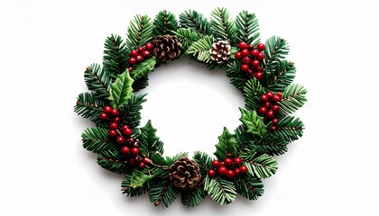 Christmas Wreath Adorned with Red Berries and Pine Cones on White Surface