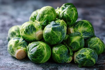 Fototapeta premium Pile of fresh Brussels sprouts on a rustic gray surface, vibrant green, high detail