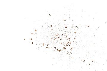 Pieces and dust of tree bark flying, isolated on white background and texture, clipping path	