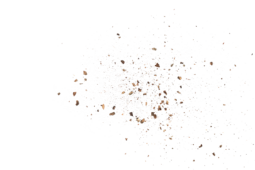 Pieces and dust of tree bark flying, isolated on white background and texture, clipping path	