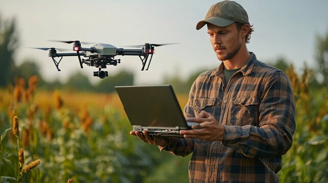 Modern farmer using drone technology in an agricultural field