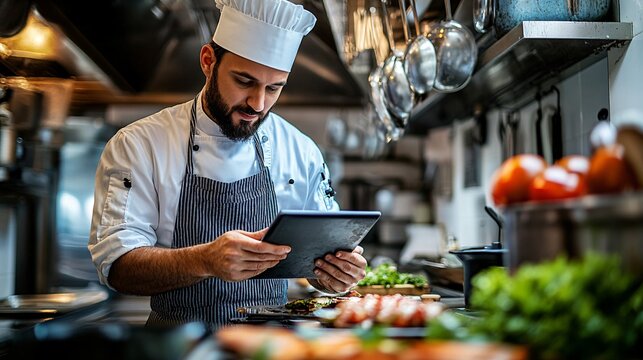Professional male chef using a digital tablet in a kitchen
