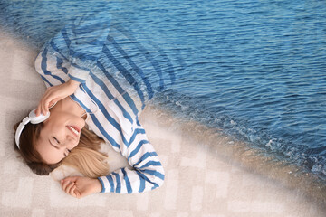 Happy woman listening to sounds of nature which making her feel calm. Double exposure of carpet and sea waves