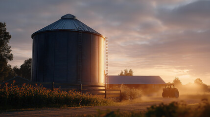 A farmer inspects a towering grain silo on a rural farm at sunrise with golden light casting long shadows dust motes swirling in the air a tractor idling nearby and a weathered