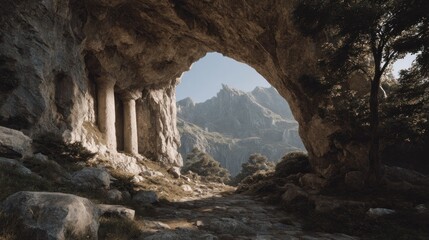 Scenic view of cave entrance overlooking mountain range and stone pathway landscape