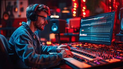 Creative audio producer composing music in a modern studio