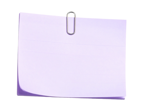 Light purple note paper, slightly curved corner, attached with metal paperclip