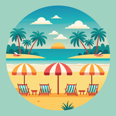 Beach Paradise Illustration: A serene beach scene unfolds within a circular frame. With vibrant beach umbrellas, swaying palm trees, and lounge chairs.