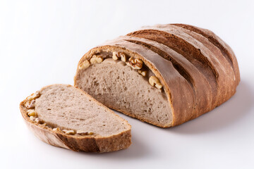 A loaf of walnut bread with a slice cut, showing dense crumb and walnut pieces, rustic artisan style with decorative scoring on the crust.