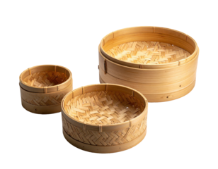 Three nested, light-brown bamboo steamer baskets, displaying a woven pattern