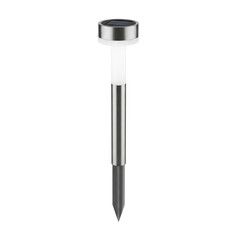 Modern brushed steel solar powered garden stake light for outdoor walkway and lawn lighting