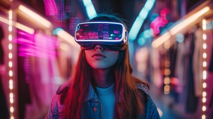 Young woman exploring a metaverse with a virtual headset