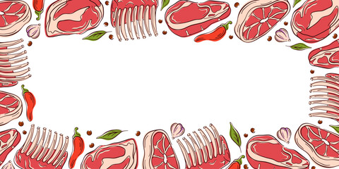 Border frame with different meat cut steak, rib and chop in a flat style. Ideal for food package, flyers, butcher shop design and restaurant menu.