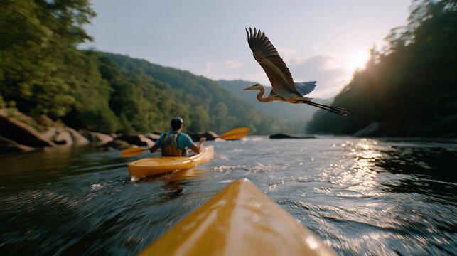 A couple paddles a kayak on a river with oars dipping water rippling a picnic basket strapped and a heron gliding nearby presented in a tranquil photo with water droplets pad